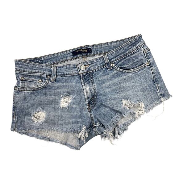 Levis 524 Too Superlow Cut Off Jean Shorts Distressed Denim VTG - Picture 1 of 10